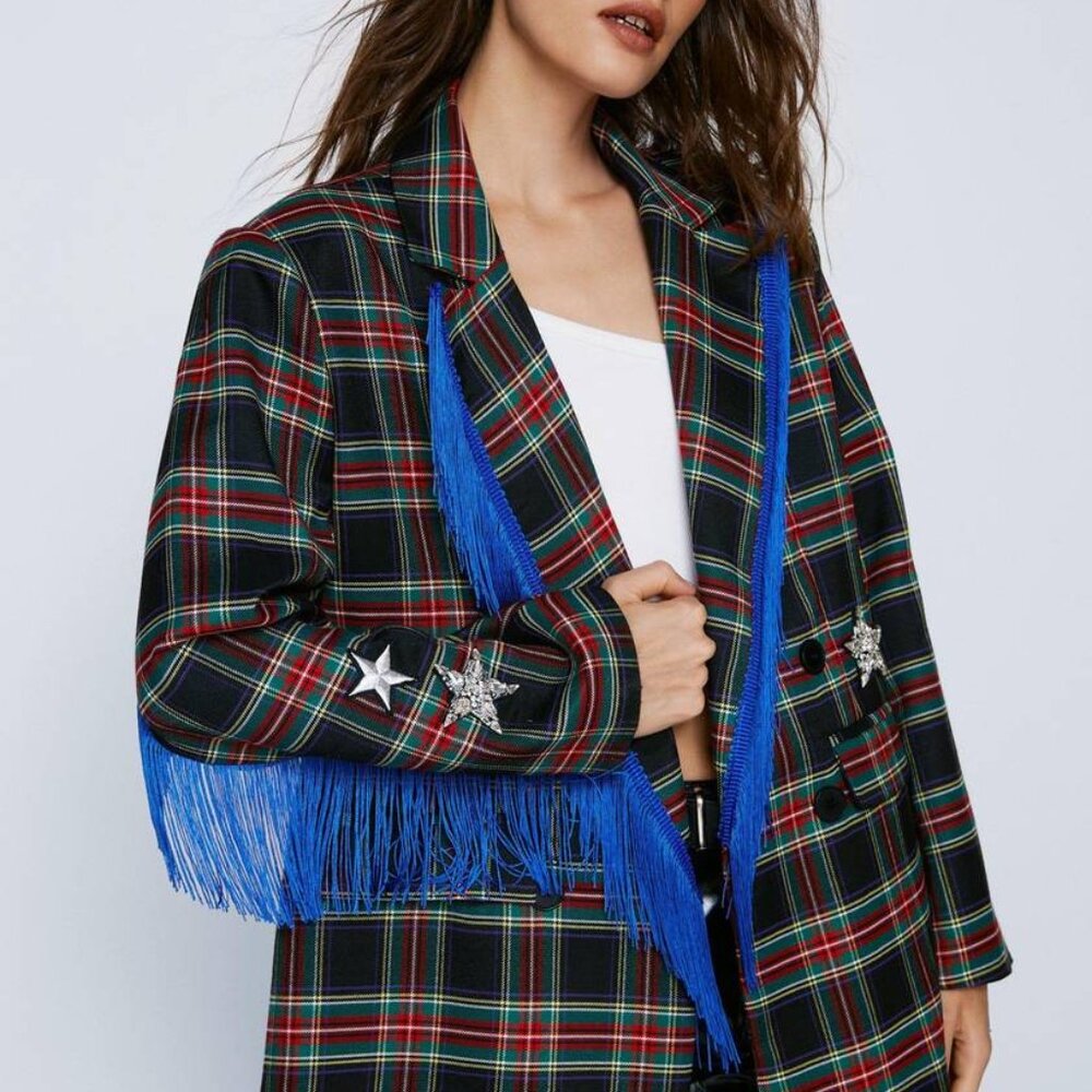✨ Nasty Gal NWOT Red Tartan Fringes Embellishment Blazer  Size 4 Oversized Fit ✨